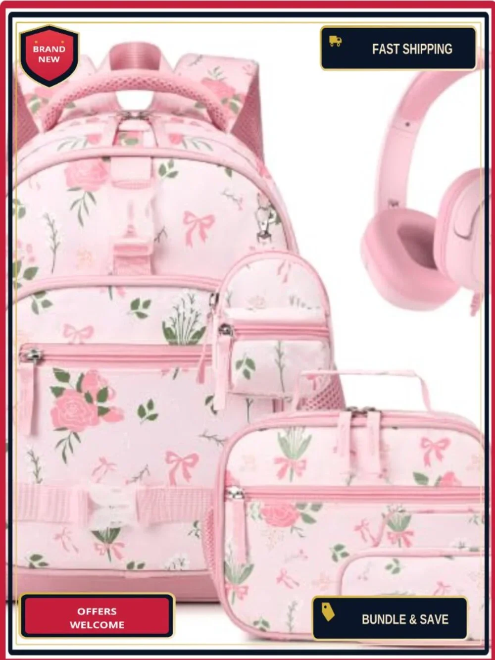 Girls Backpack Set with Headphones Lunch Bag Pencil Case Luminous